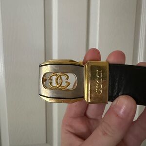 VINTAGE 1970s/80s Gucci Black Leather Belt with Silver and Gold Buckle